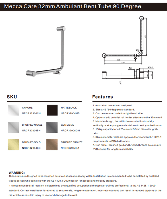 NERO MECCA CARE 32MM AMBULANT 90DEGREE BENT TUBE GRAB RAIL 450X450MM BRUSHED NICKEL - Ideal Bathroom CentreNRCR3290DBN