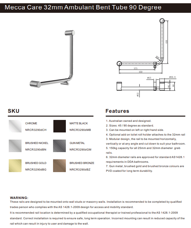 NERO MECCA CARE 32MM AMBULANT 90DEGREE BENT TUBE GRAB RAIL 450X450MM GUN METAL - Ideal Bathroom CentreNRCR3290DGM