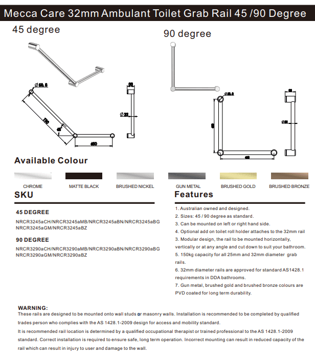 NERO MECCA CARE 32MM AMBULANT TOILET GRAB RAIL 45 DEGREE 750x450MM BRUSHED BRONZE - Ideal Bathroom CentreNRCR3245ABZ