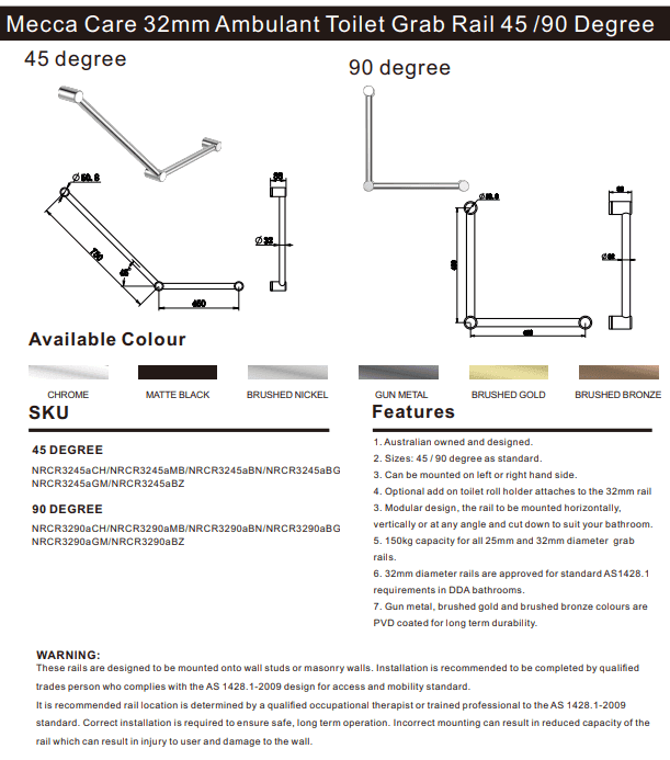 NERO MECCA CARE 32MM AMBULANT TOILET GRAB RAIL 90 DEGREE 450x450MM MATTE BLACK - Ideal Bathroom CentreNRCR3290AMB