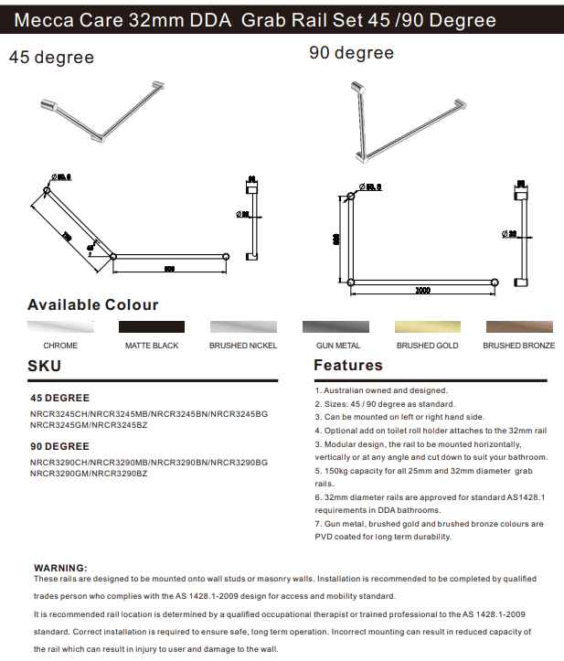 NERO MECCA CARE 32MM DDA GRAB RAIL SET 45 DEGREE 750X900MM BRUSHED BRONZE - Ideal Bathroom CentreNRCR3245BZ
