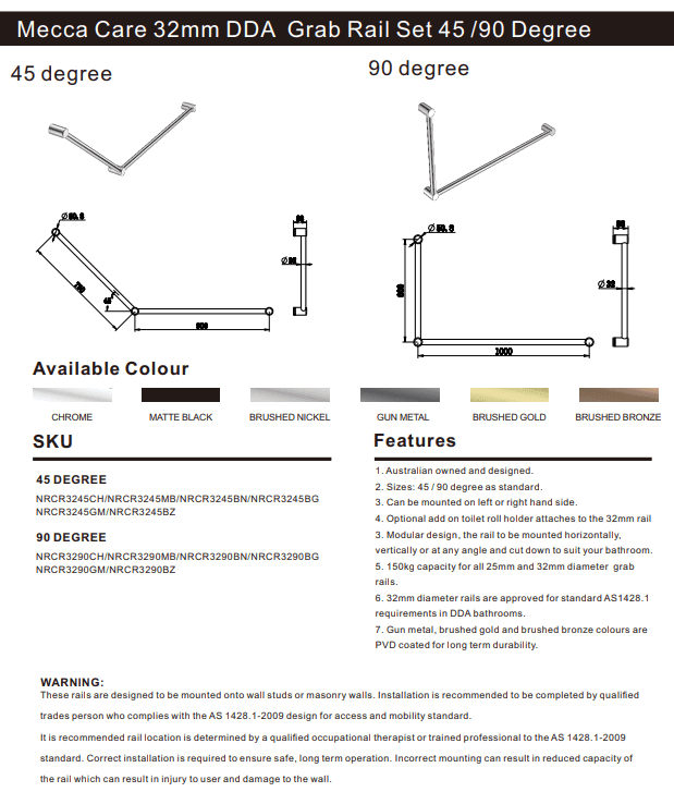 NERO MECCA CARE 32MM DDA GRAB RAIL SET 90 DEGREE 600X1000MM BRUSHED BRONZE - Ideal Bathroom CentreNRCR3290BZ