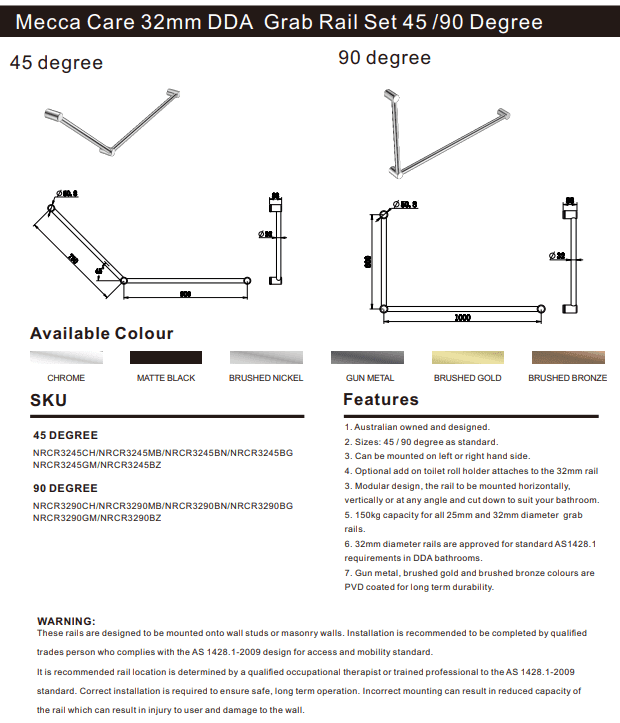 NERO MECCA CARE 32MM DDA GRAB RAIL SET 90 DEGREE 600X1000MM BRUSHED NICKEL - Ideal Bathroom CentreNRCR3290BN