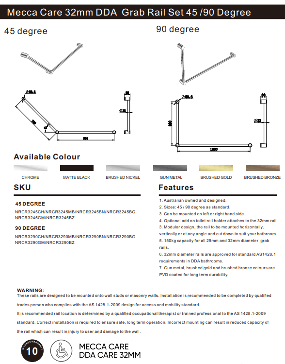 NERO MECCA CARE 32MM DDA GRAB RAIL SET 90 DEGREE 600X1000MM CHROME - Ideal Bathroom CentreNRCR3290CH