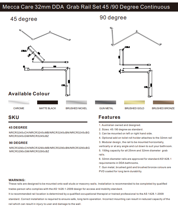 NERO MECCA CARE 32MM DDA TOILET GRAB RAIL SET 45 DEGREE CONTINUOUS 750X965X1025MM MATTE BLACK - Ideal Bathroom CentreNRCR3245CMB