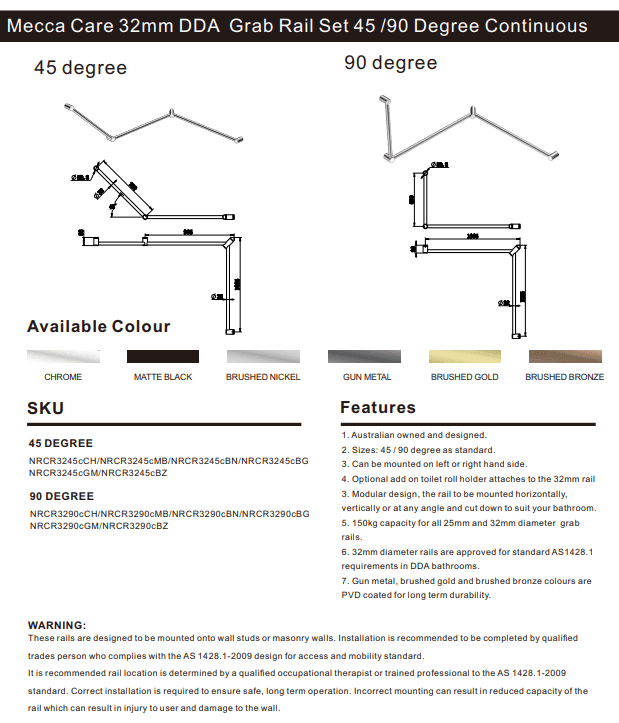 NERO MECCA CARE 32MM DDA TOILET GRAB RAIL SET 90 DEGREE CONTINUOUS 600X1065X1025MM BRUSHED GOLD - Ideal Bathroom CentreNRCR3290cBG