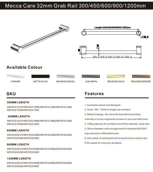 NERO MECCA CARE 32MM GRAB RAIL 1200MM BRUSHED GOLD - Ideal Bathroom CentreNRCR3248BG