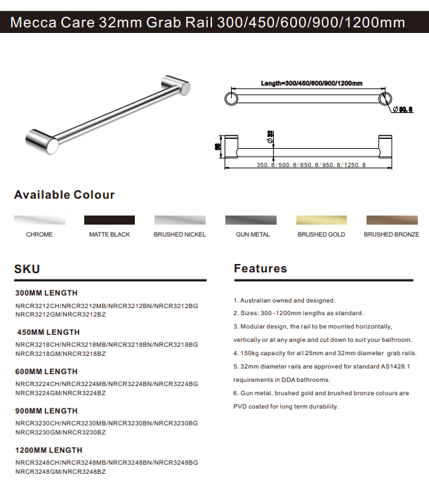 NERO MECCA CARE 32MM GRAB RAIL 300MM BRUSHED GOLD - Ideal Bathroom CentreNRCR3212BG