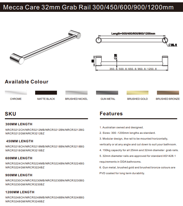 NERO MECCA CARE 32MM GRAB RAIL 450MM BRUSHED NICKEL - Ideal Bathroom CentreNRCR3218BN