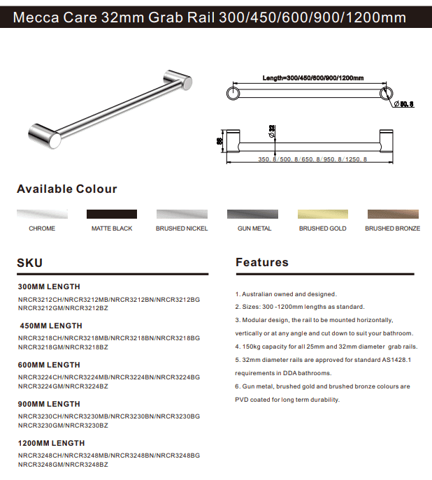 NERO MECCA CARE 32MM GRAB RAIL 900MM BRUSHED BRONZE - Ideal Bathroom CentreNRCR3230BZ