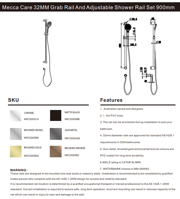 NERO MECCA CARE 32MM GRAB RAIL AND ADJUSTABLE SHOWER RAIL SET 900MM GUN METAL - Ideal Bathroom CentreNRCS005GM