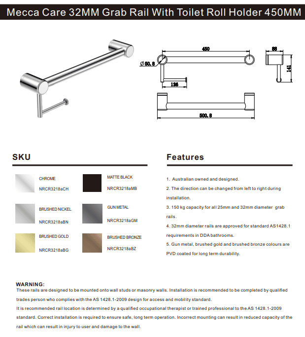 NERO MECCA CARE 32MM GRAB RAIL WITH TOILET ROLL HOLDER 450MM BRUSHED GOLD - Ideal Bathroom CentreNRCR3218ABG