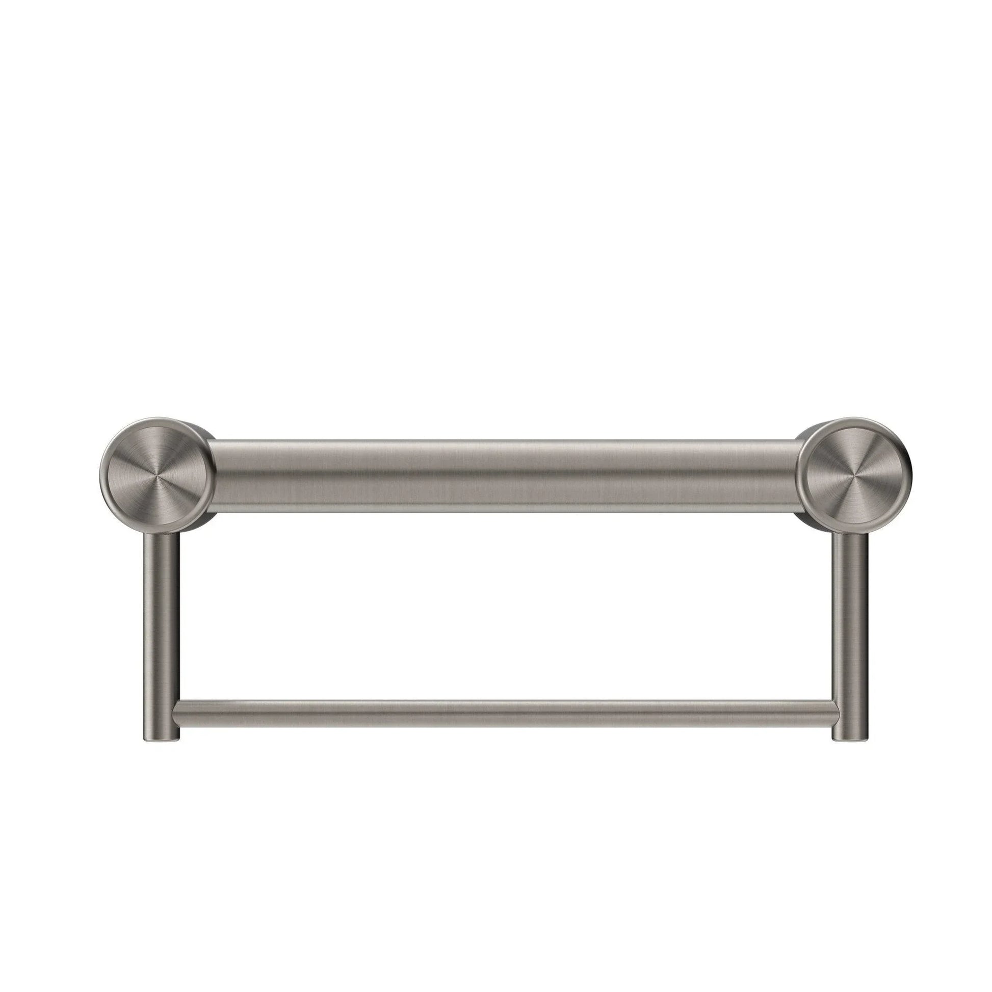 NERO MECCA CARE 32MM GRAB RAIL WITH TOWEL HOLDER 300MM BRUSHED NICKEL - Ideal Bathroom CentreNRCR3212BBN