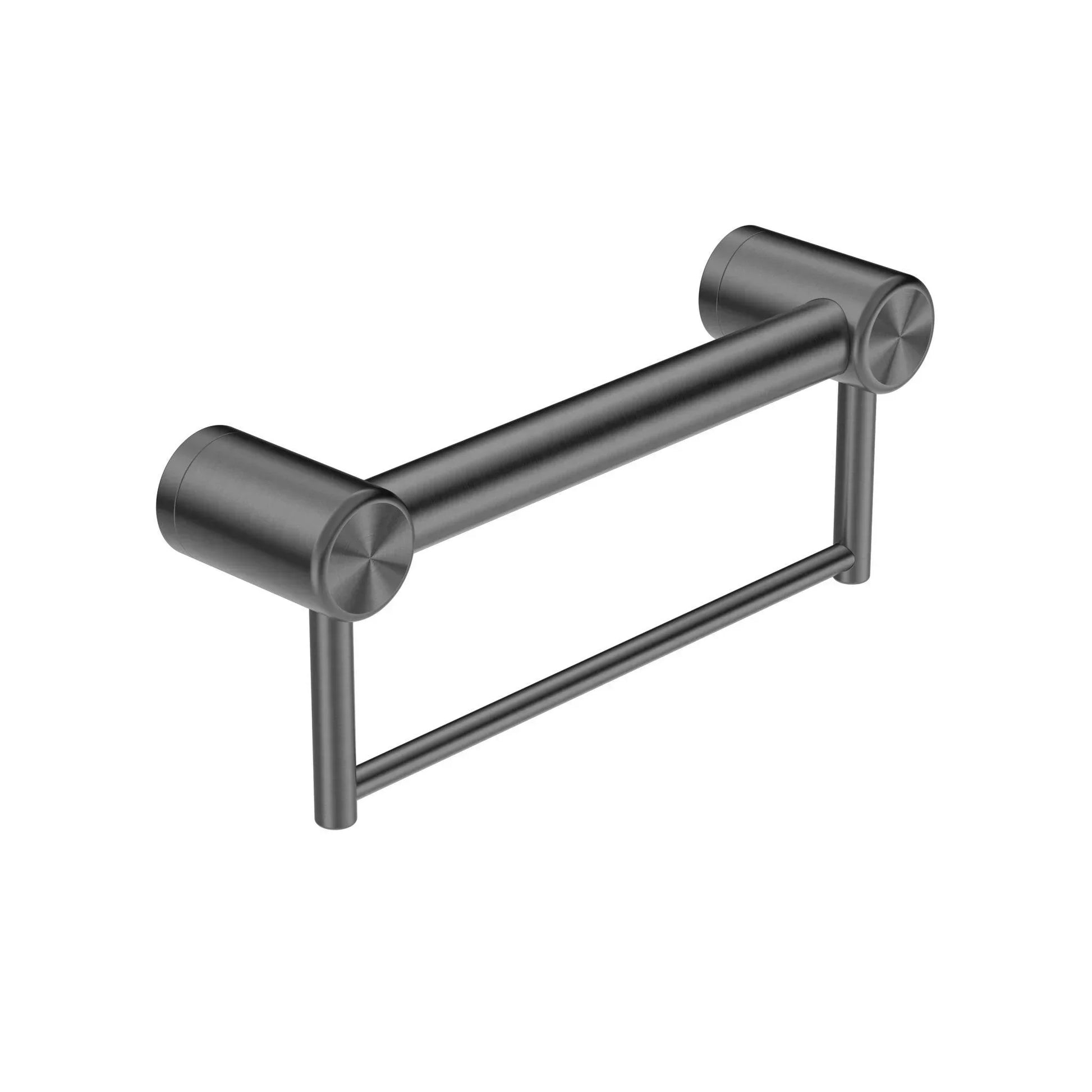 NERO MECCA CARE 32MM GRAB RAIL WITH TOWEL HOLDER 300MM GUN METAL - Ideal Bathroom CentreNRCR3212BGM