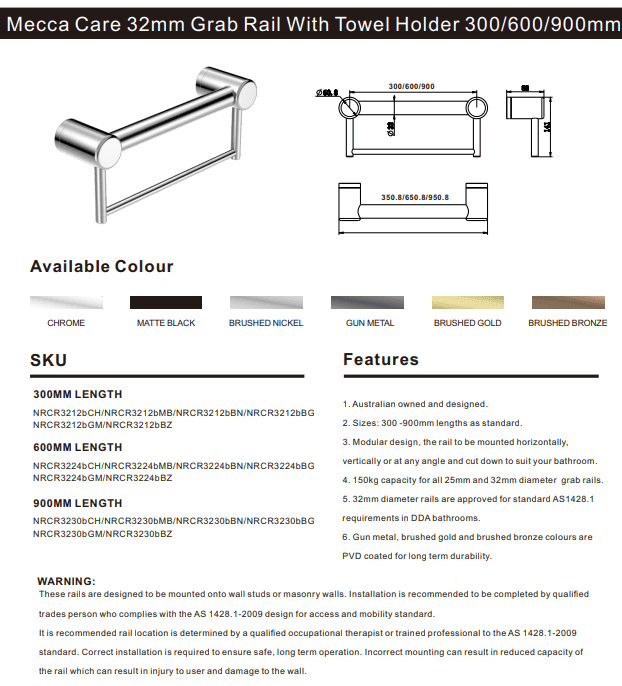 NERO MECCA CARE 32MM GRAB RAIL WITH TOWEL HOLDER 300MM MATTE BLACK - Ideal Bathroom CentreNRCR3212BMB