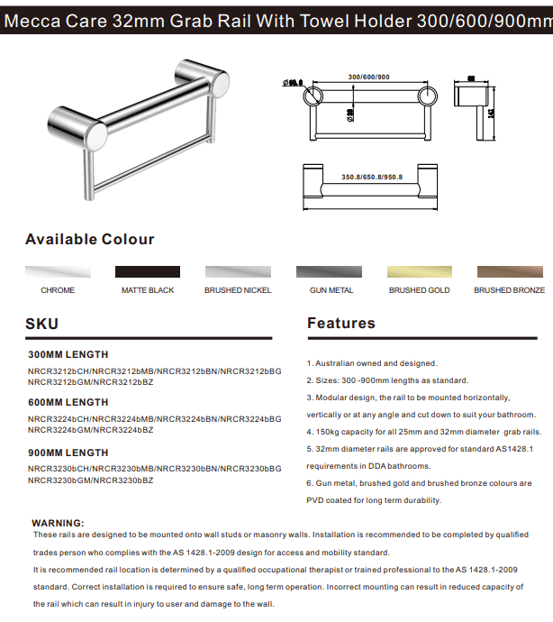 NERO MECCA CARE 32MM GRAB RAIL WITH TOWEL HOLDER 600MM GUN METAL - Ideal Bathroom CentreNRCR3224BGM