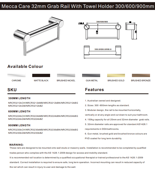 NERO MECCA CARE 32MM GRAB RAIL WITH TOWEL HOLDER 900MM GUN METAL - Ideal Bathroom CentreNRCR3230BGM