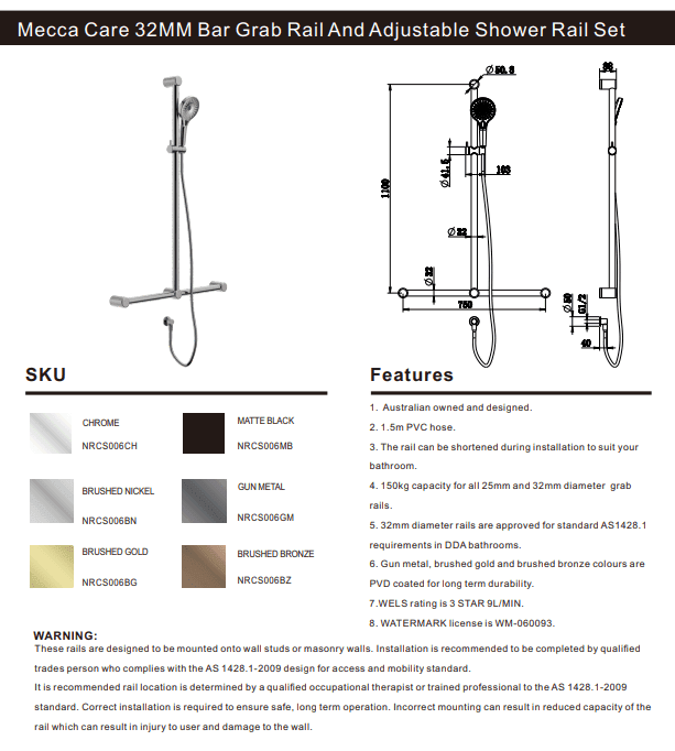 NERO MECCA CARE 32MM T BAR GRAB RAIL AND ADJUSTABLE SHOWER SET 1100X750MM CHROME - Ideal Bathroom CentreNRCS006CH