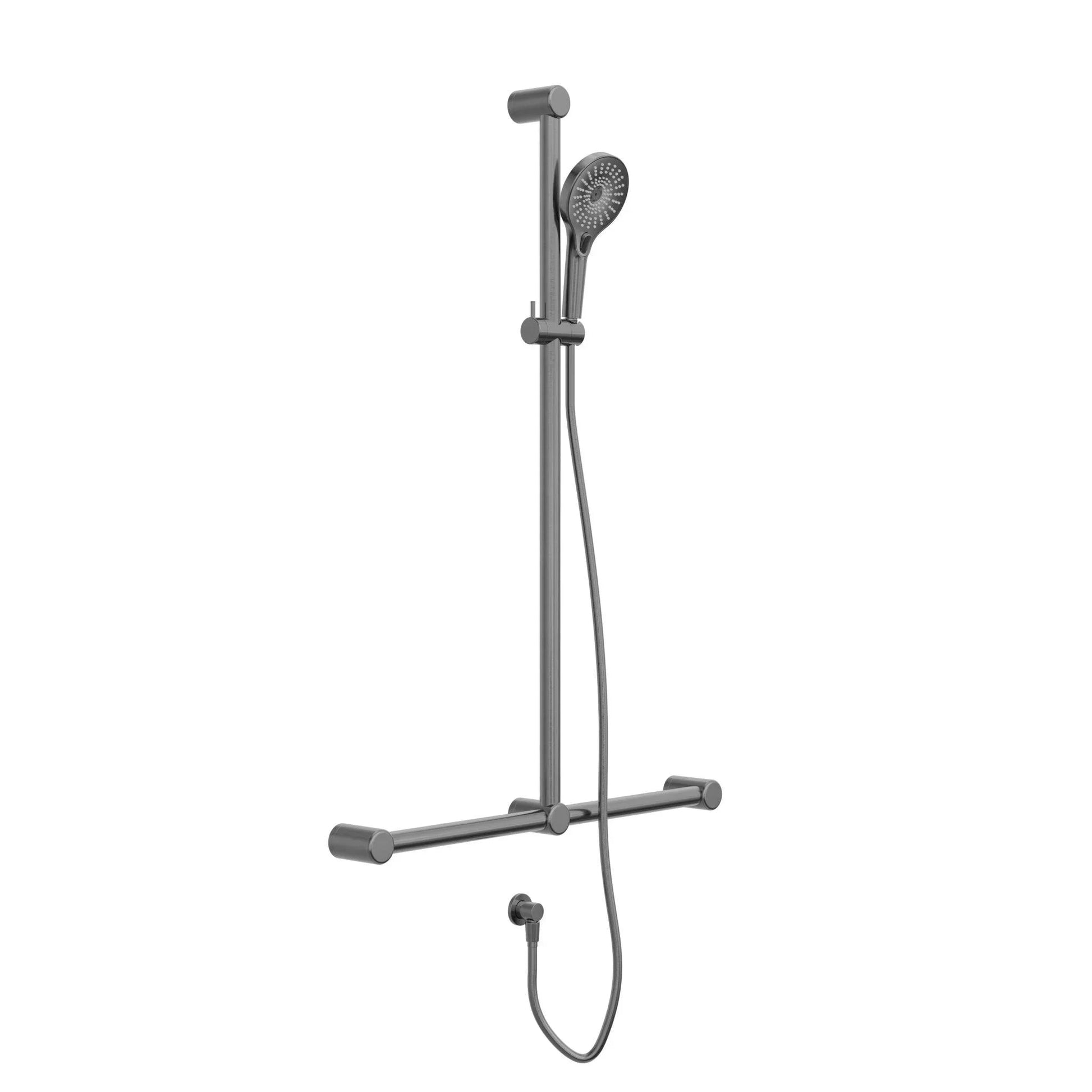 NERO MECCA CARE 32MM T BAR GRAB RAIL AND ADJUSTABLE SHOWER SET 1100X750MM GUN METAL - Ideal Bathroom CentreNRCS006GM