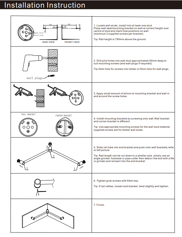 NERO MECCA CARE 32MM WRAP AROUND CORNER GRAB RAIL 600X600MM BRUSHED NICKEL - Ideal Bathroom CentreNRCR3290WBN