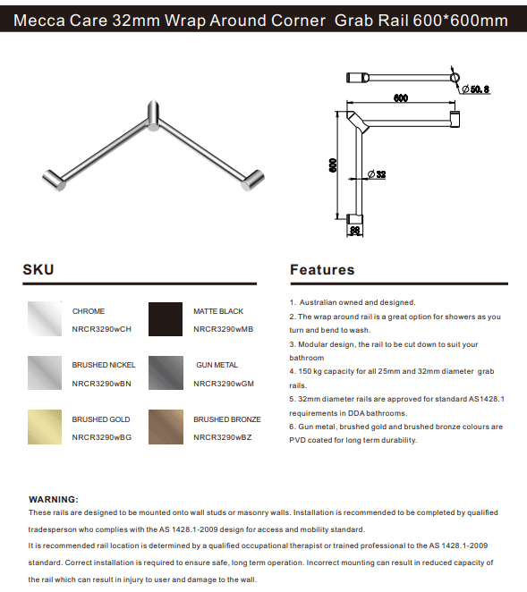 NERO MECCA CARE 32MM WRAP AROUND CORNER GRAB RAIL 600X600MM BRUSHED NICKEL - Ideal Bathroom CentreNRCR3290WBN