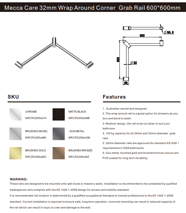 NERO MECCA CARE 32MM WRAP AROUND CORNER GRAB RAIL 600X600MM MATTE BLACK - Ideal Bathroom CentreNRCR3290WMB