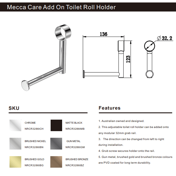 NERO MECCA CARE ADD ON TOILET ROLL HOLDER BRUSHED BRONZE - Ideal Bathroom CentreNRCR3286TBZ