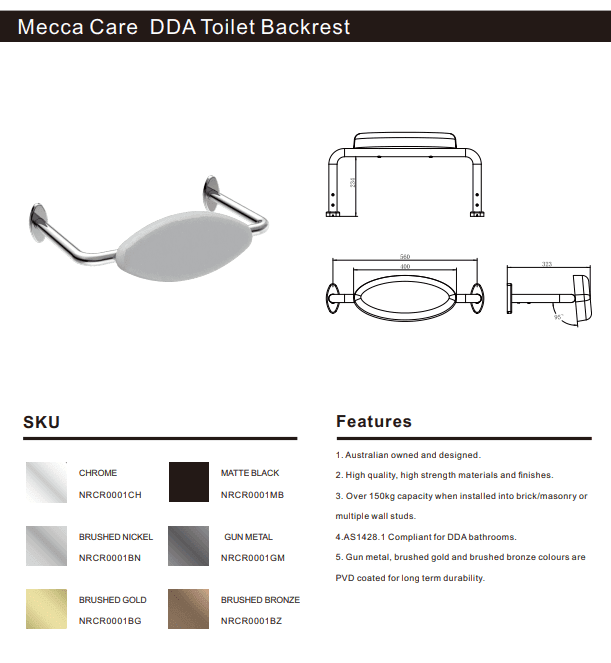 NERO MECCA CARE DDA TOILET BACKREST BRUSHED NICKEL - Ideal Bathroom CentreNRCR0001BN