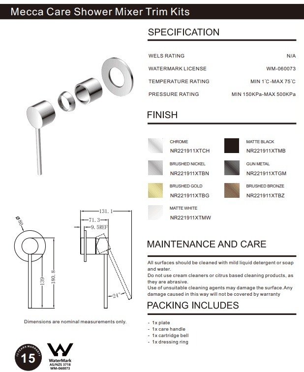 NERO MECCA CARE SHOWER MIXER TRIM KITS ONLY MATTE WHITE - Ideal Bathroom CentreNR221911XTMW