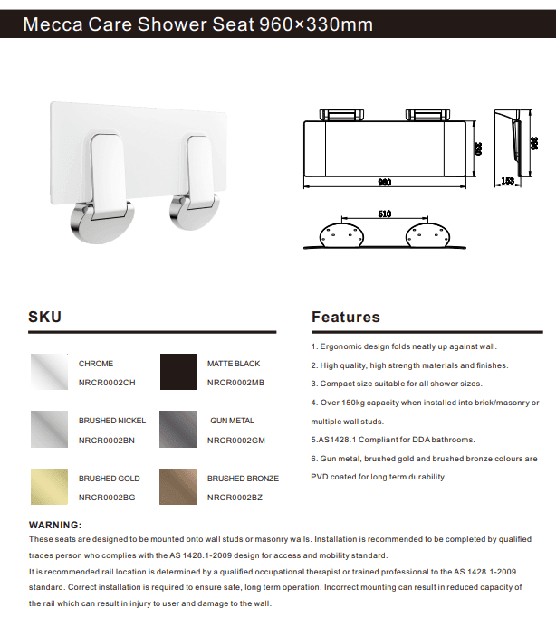 NERO MECCA CARE SHOWER SEAT 960×330MM BRUSHED NICKEL - Ideal Bathroom CentreNRCR0002BN