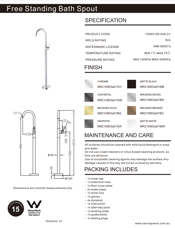 NERO MECCA FREESTANDING BATH MIXER MATTE BLACK - Ideal Bathroom CentreNR210903a01MB