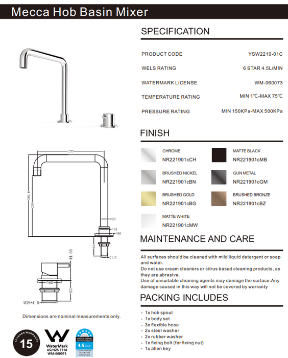 NERO MECCA HOB BASIN MIXER SQUARE SWIVEL SPOUT BRUSHED NICKEL - Ideal Bathroom CentreNR221901cBN