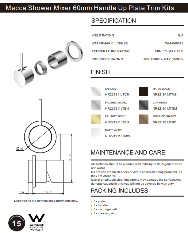 NERO MECCA SHOWER MIXER 60MM HANDLE UP PLATE TRIM KITS ONLY MATTE WHITE - Ideal Bathroom CentreNR221911JTMW