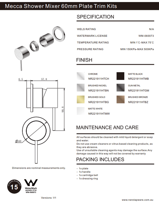 NERO MECCA SHOWER MIXER 60MM PLATE TRIM KITS ONLY CHROME - Ideal Bathroom CentreNR221911HTCH