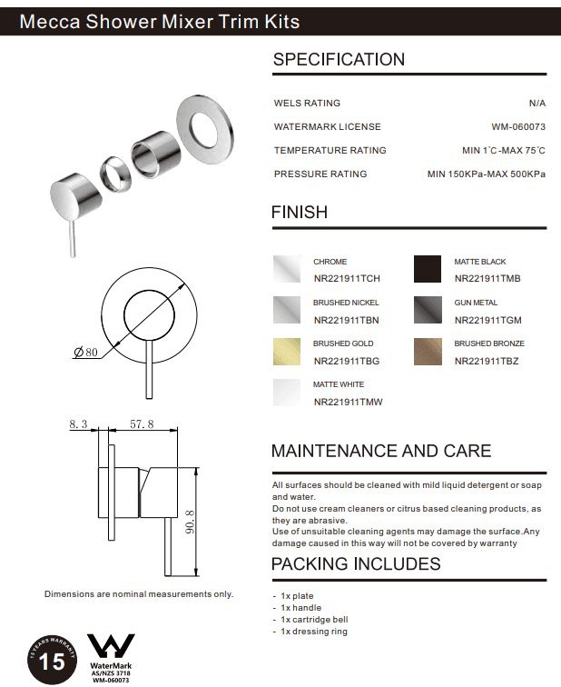 NERO MECCA SHOWER MIXER 80MM PLATE TRIM KITS ONLY MATTE WHITE - Ideal Bathroom CentreNR221911TMW