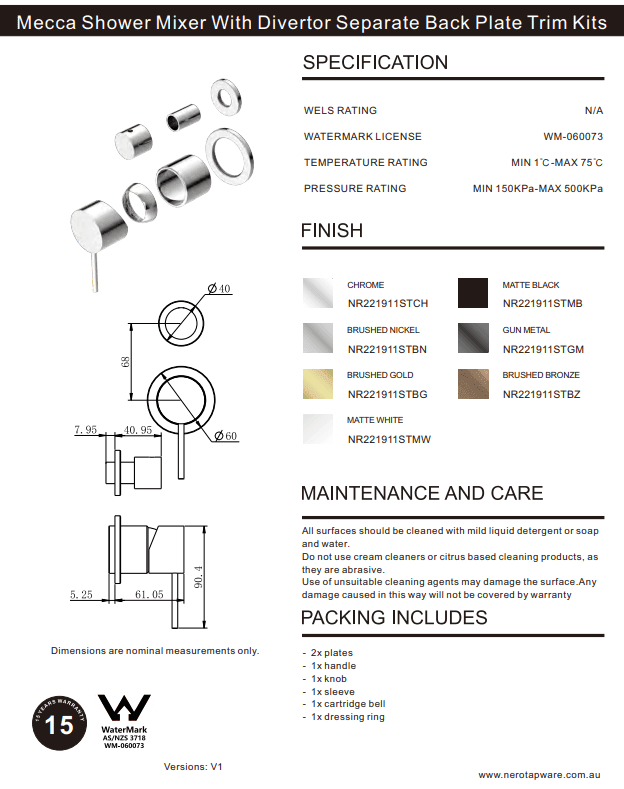 NERO MECCA SHOWER MIXER WITH DIVERTOR SEPARATE BACK PLATE TRIM KITS ONLY MATTE WHITE - Ideal Bathroom CentreNR221911stMW
