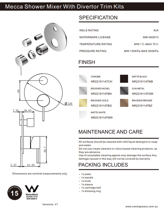 NERO MECCA SHOWER MIXER WITH DIVERTOR TRIM KITS ONLY MATTE WHITE - Ideal Bathroom CentreNR221911ATMW