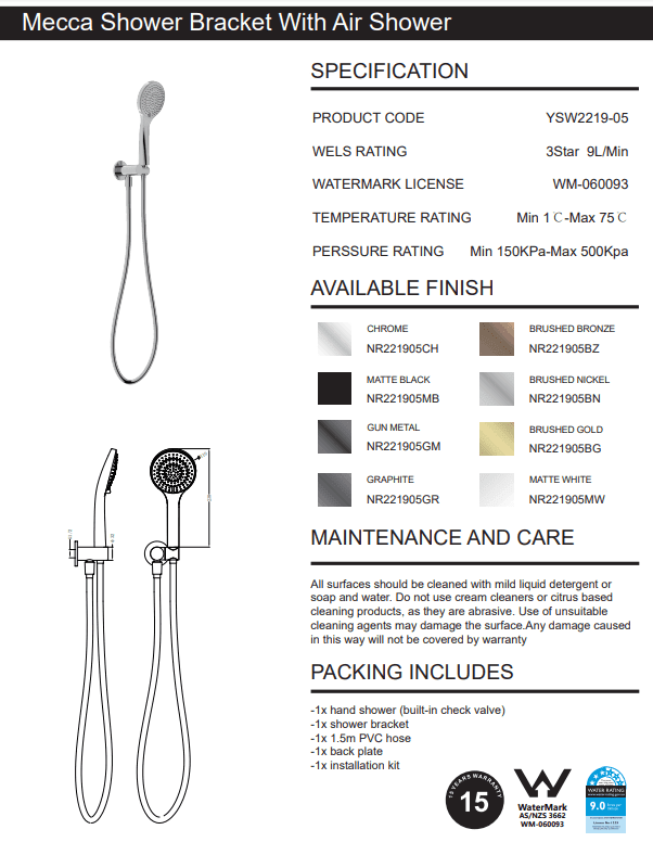 NERO MECCA SHOWER ON BRACKET WITH AIR SHOWER CHROME - Ideal Bathroom CentreNR221905CH