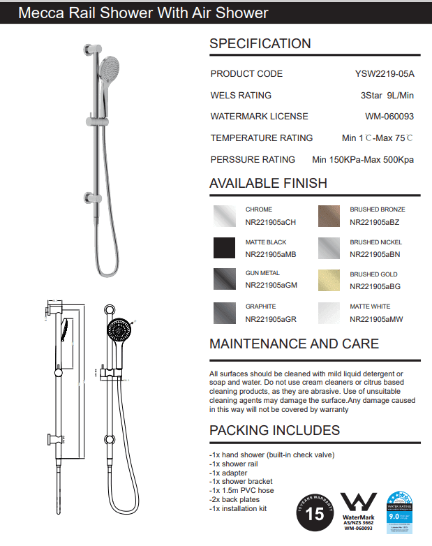 NERO MECCA SHOWER RAIL WITH AIR SHOWER CHROME - Ideal Bathroom CentreNR221905aCH
