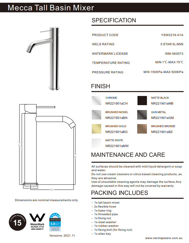 NERO MECCA TALL BASIN MIXER MATTE WHITE - Ideal Bathroom CentreNR221901aMW