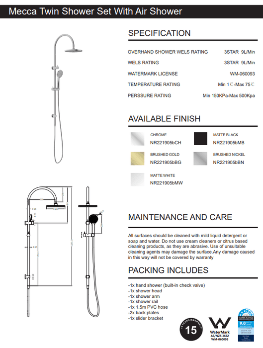 NERO MECCA TWIN SHOWER WITH AIR SHOWER BRUSHED NICKEL - Ideal Bathroom CentreNR221905bBN