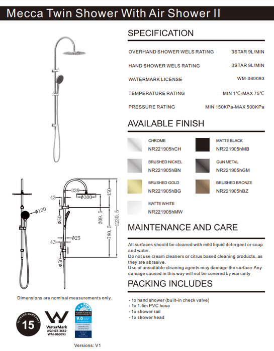 NERO MECCA TWIN SHOWER WITH AIR SHOWER II BRUSHED NICKEL - Ideal Bathroom CentreNR221905HBN