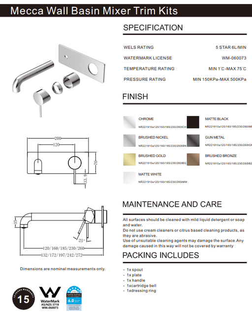 NERO MECCA WALL BASIN/BATH MIXER 230MM TRIM KITS ONLY MATTE WHITE - Ideal Bathroom CentreNR221910A230TMW