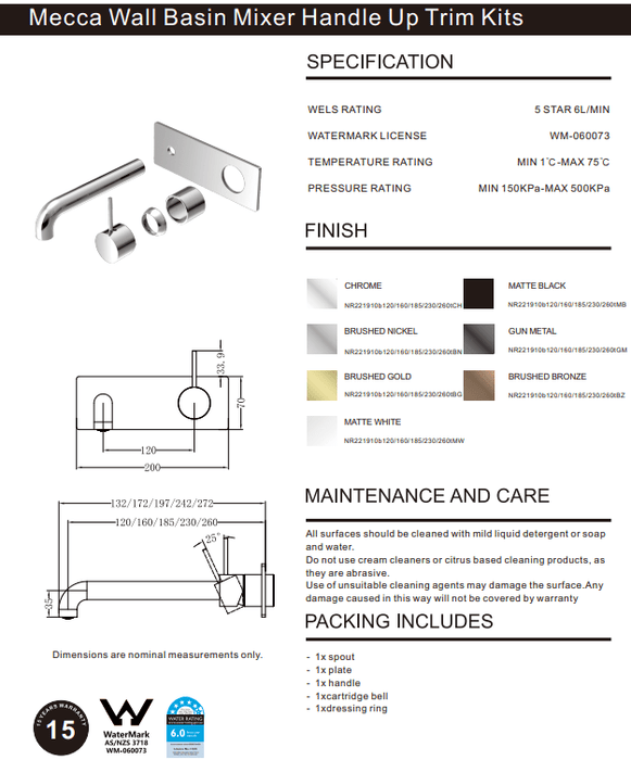 NERO MECCA WALL BASIN/BATH MIXER HANDLE UP 160MM CHROME - Ideal Bathroom CentreNR221910B160CH