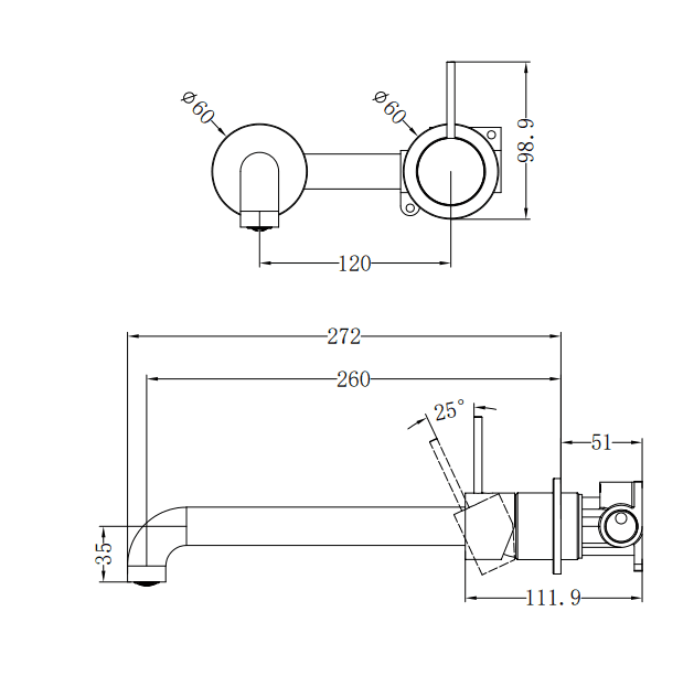 NERO MECCA WALL BASIN/BATH MIXER SEPARATE BACK PLATE HANDLE UP 260MM TRIM KITS ONLY GUN METAL - Ideal Bathroom CentreNR221910D260TGM