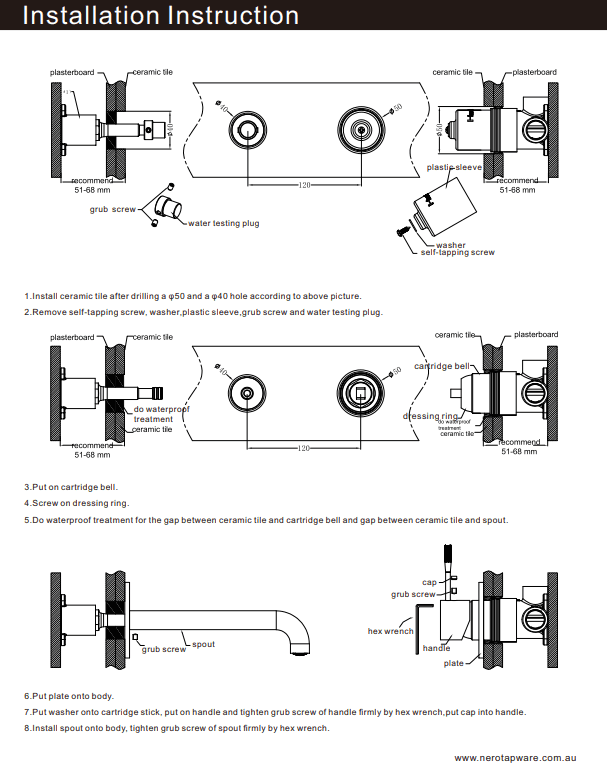 NERO MECCA WALL BASIN/BATH MIXER SWIVEL SPOUT HANDLE UP TRIM KITS ONLY MATTE WHITE - Ideal Bathroom CentreNR221910PTMW