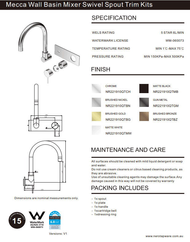 NERO MECCA WALL BASIN/BATH MIXER SWIVEL SPOUT TRIM KITS ONLY MATTE BLACK - Ideal Bathroom CentreNR221910QTMB