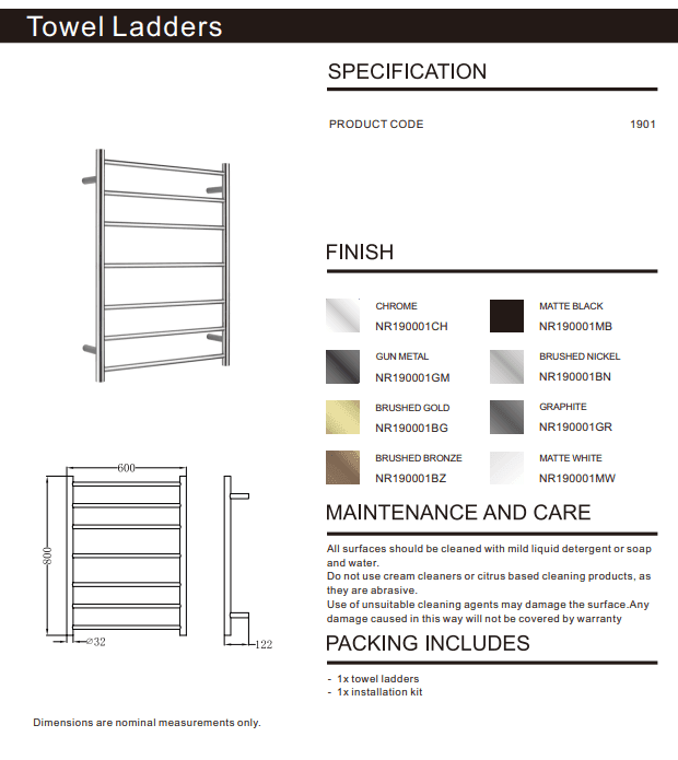 NERO NON-HEATED TOWEL LADDER MATTE WHITE - Ideal Bathroom CentreNR190001MW