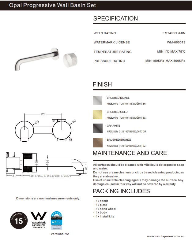 NERO OPAL PROGRESSIVE WALL BASIN/BATH SET 120MM BRUSHED NICKEL - Ideal Bathroom CentreNR252007a120BN