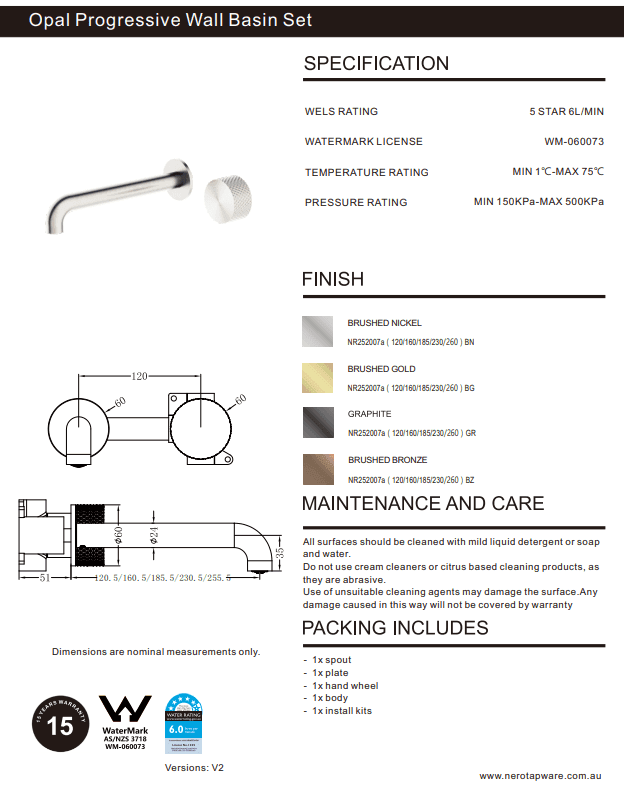 NERO OPAL PROGRESSIVE WALL BASIN/BATH SET 185MM GRAPHITE - Ideal Bathroom CentreNR252007a185GR